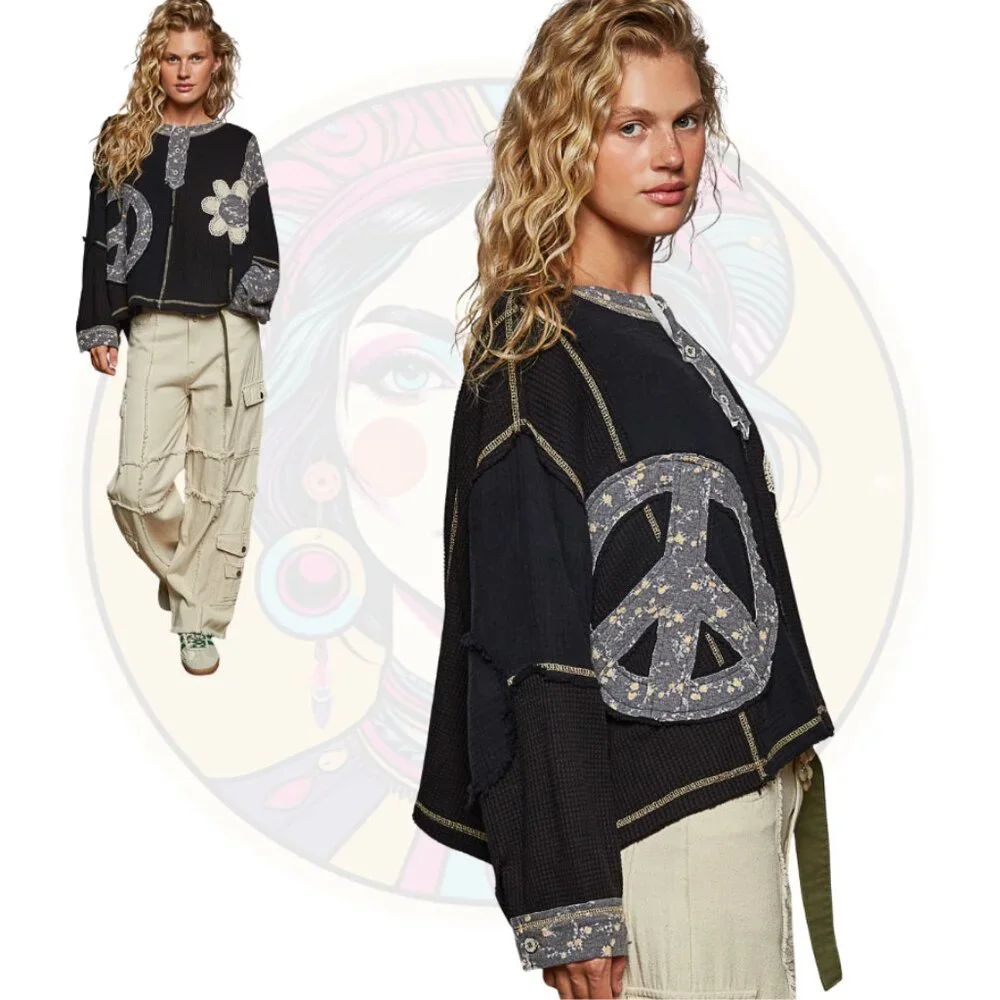 T642 POL Black Long Sleeve Peace Floral Gauze Patterned Top - Picture 2 of 3